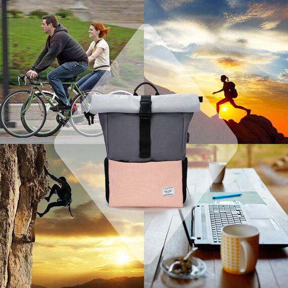 MoFut Rucksack Damen Groß Schulrucksack viele Fächer mit 15,6" Laptopfach, Unisex Rolltop Rucksack Wasserdicht, Lässiger Backpack Schule Freizeit Uni Arbeit Wandern.