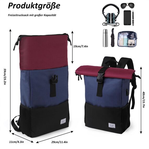 MoFut Rucksack Damen Herren Groß Schulrucksack viele Fächer mit 15,6" Laptopfach, Unisex Wasserdichter Rolltop Rucksack, Lässiger Backpack Schule Freizeit Uni Arbeit Wandern(Blau-Purpel).