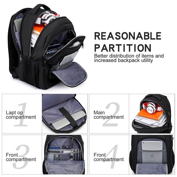 Liokesa Rucksack Herren, 15,6 Zoll Rucksack Herren Laptop, Schulrucksack Jungen Teenager mit USB Ladeanschluss für die Business Arbeit Rucksack, für Uni Reisen, Arbeit, Schule, Schwarz