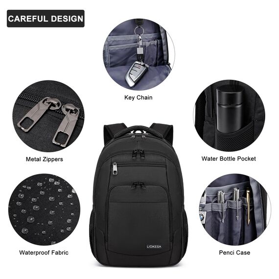 Liokesa Rucksack Herren, 15,6 Zoll Rucksack Herren Laptop, Schulrucksack Jungen Teenager mit USB Ladeanschluss für die Business Arbeit Rucksack, für Uni Reisen, Arbeit, Schule, Schwarz