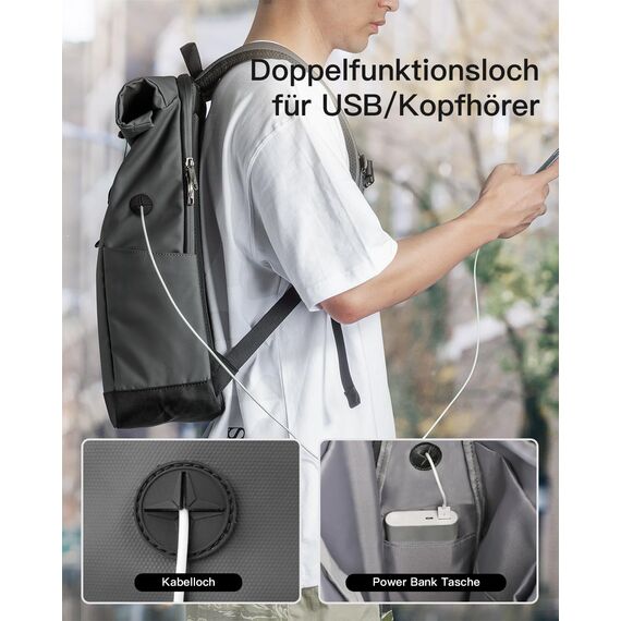 Inateck RollTop Rucksack Herren Damen 25L-30L Fahrradrucksack Schulrucksack für Uni Freizeit Job Sport Reisen, Stylische Tagesrucksack mit 17 Zoll Laptopfach, Grau