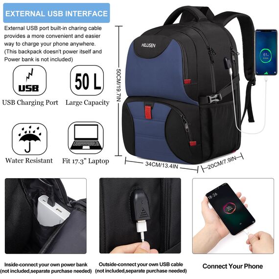 HILUSEN Groß Rucksack Herren 50L,Arbeit Rucksack Laptop Rucksack mit Laptopfach & Anti Diebstahl Tasche,17 Zoll Schulrucksack mit USB Ladeanschluss Business Notebook Tasche für Männer Blau