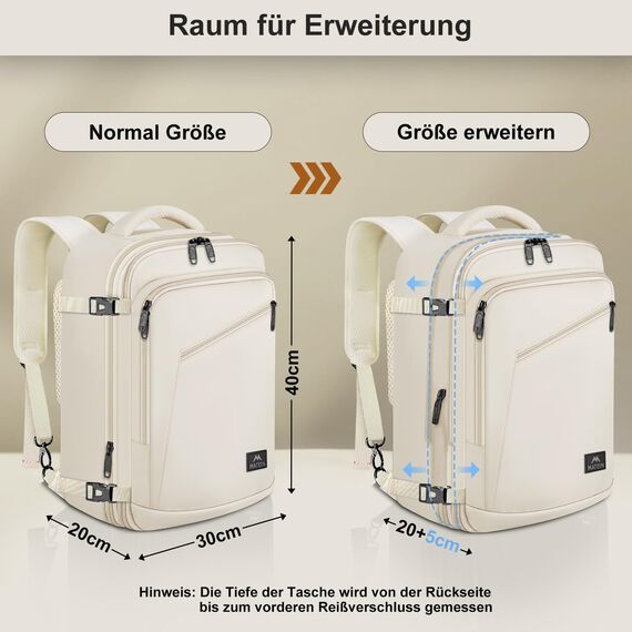 MATEIN 40x30x20 Handgepäck Damen, Handgepäck Rucksack Reisetasche Medium Business Arbeit Frauen Expandable Wasserabweisend Lightweight Cabin Bag, Beige