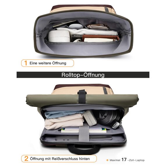 Inateck RollTop Rucksack Herren Damen 25L-30L Fahrradrucksack Schulrucksack für Uni Freizeit Job Sport Reisen, Stylische Tagesrucksack mit 17 Zoll Laptopfach, Khaki