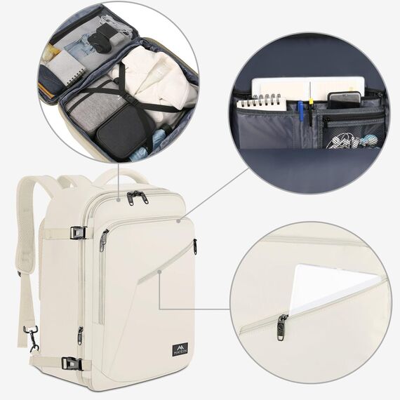 MATEIN 40L Reiserucksack Handgepäck Flugzeug, Erweiterbar 50x35x20cm Herren Cabin Bag Leichtgewicht Reise Rucksack Damen Schulrucksack Carry On Travel Backpack für Business, Arbeit, Beige