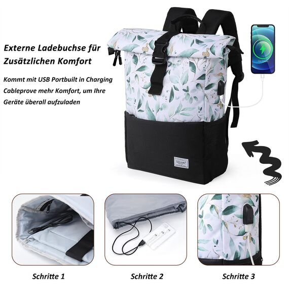 MoFut Rucksack Damen Herren Groß Schulrucksack viele Fächer mit 15,6" Laptopfach, Unisex Wasserdichter Rolltop Rucksack, Lässiger Backpack Schule Freizeit Uni Arbeit Wandern(ST-W).