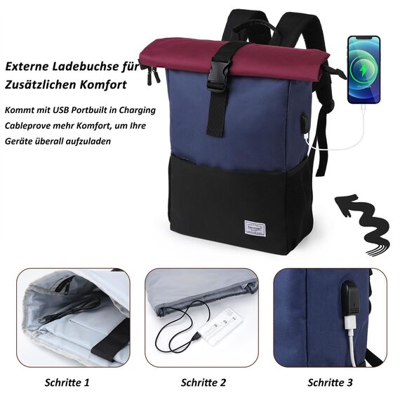 MoFut Rucksack Damen Herren Groß Schulrucksack viele Fächer mit 15,6" Laptopfach, Unisex Wasserdichter Rolltop Rucksack, Lässiger Backpack Schule Freizeit Uni Arbeit Wandern(Blau-Purpel).
