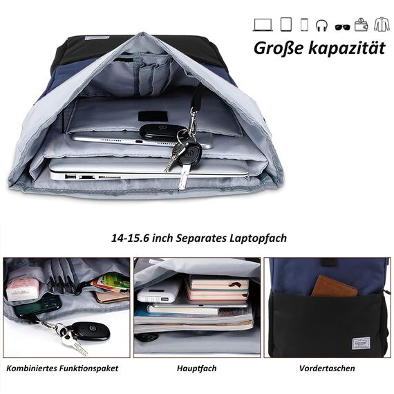 MoFut Rucksack Damen Herren Groß Schulrucksack viele Fächer mit 15,6" Laptopfach, Unisex Wasserdichter Rolltop Rucksack, Lässiger Backpack Schule Freizeit Uni Arbeit Wandern(Blau-Purpel).