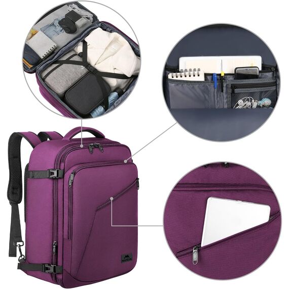 MATEIN Groß Rucksack Herren 50L, Air France Travel Backpack Erweiterbar Arbeitsrucksack Wasserabweisend Reiserucksack 55x35x25cm Carry-On Damen Cabin Bag Tagesrucksack für Bussiness, Violett