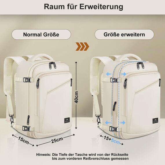 MATEIN Rucksack Handgepäck Flugzeug, Ryanair Handgepäck 40x20x25 Klein Rucksack Damen 20L, Erweiterbar Daypack Reiserucksack Flugzeug Herren, Cabin Bag für Business Weekender Reise, Beige