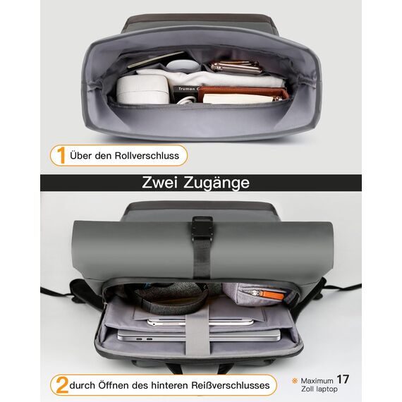 Inateck RollTop Rucksack Herren Damen 25L-30L Fahrradrucksack Schulrucksack für Uni Freizeit Job Sport Reisen, Stylische Tagesrucksack mit 17 Zoll Laptopfach, Grau