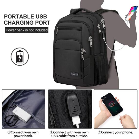 Liokesa Rucksack Herren, 15,6 Zoll Rucksack Herren Laptop, Schulrucksack Jungen Teenager mit USB Ladeanschluss für die Business Arbeit Rucksack, für Uni Reisen, Arbeit, Schule, Schwarz