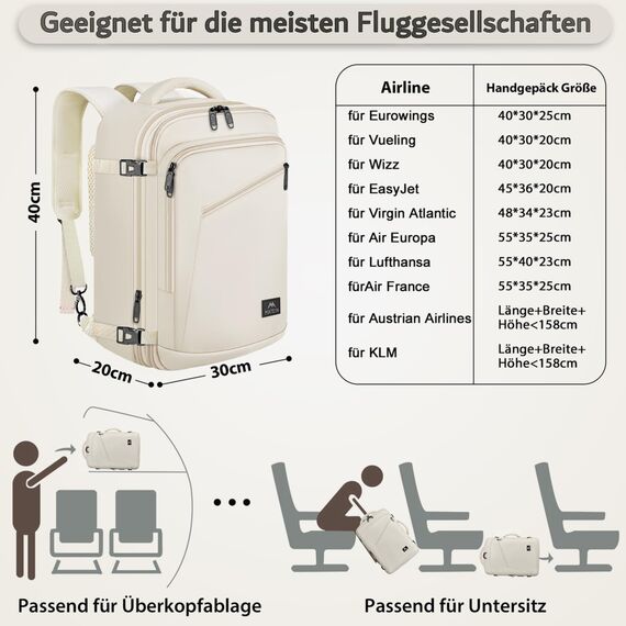 MATEIN 40x30x20 Handgepäck Damen, Handgepäck Rucksack Reisetasche Medium Business Arbeit Frauen Expandable Wasserabweisend Lightweight Cabin Bag, Beige