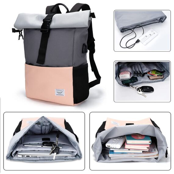 MoFut Rucksack Damen Groß Schulrucksack viele Fächer mit 15,6" Laptopfach, Unisex Rolltop Rucksack Wasserdicht, Lässiger Backpack Schule Freizeit Uni Arbeit Wandern.