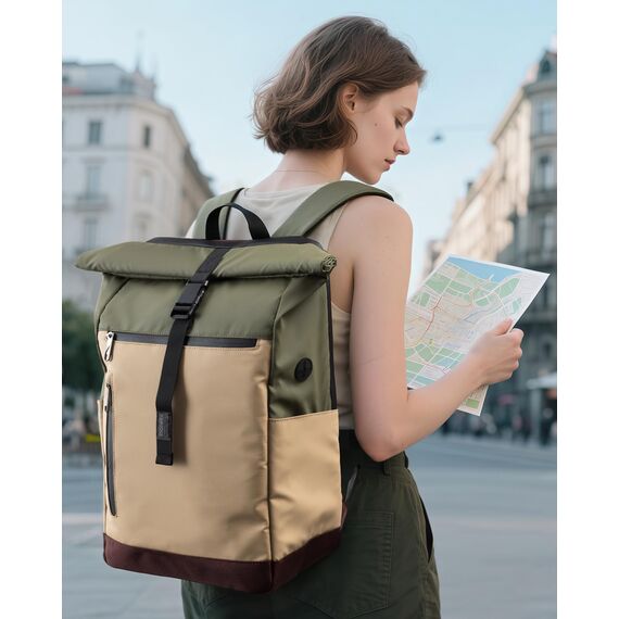 Inateck RollTop Rucksack Herren Damen 25L-30L Fahrradrucksack Schulrucksack für Uni Freizeit Job Sport Reisen, Stylische Tagesrucksack mit 17 Zoll Laptopfach, Khaki