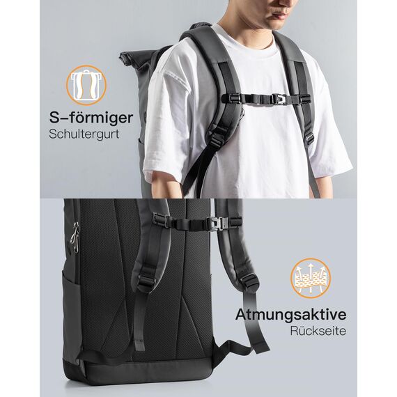 Inateck RollTop Rucksack Herren Damen 25L-30L Fahrradrucksack Schulrucksack für Uni Freizeit Job Sport Reisen, Stylische Tagesrucksack mit 17 Zoll Laptopfach, Grau