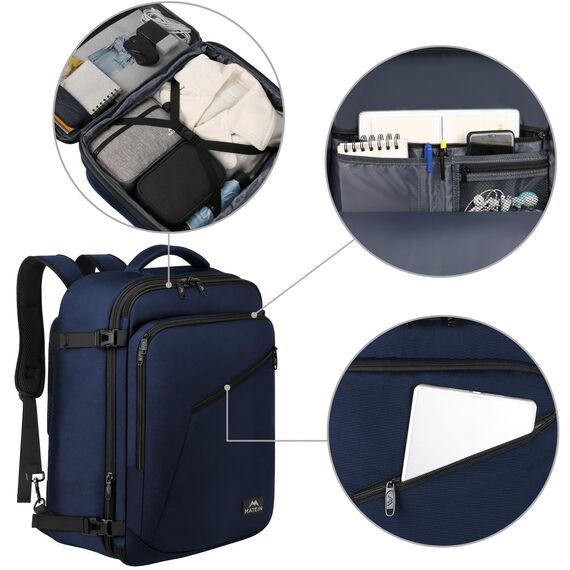 MATEIN 40L Reiserucksack Handgepäck Flugzeug, Erweiterbar 50x35x20cm Herren Cabin Bag Leichtgewicht Reise Rucksack Damen Schulrucksack Carry On Travel Backpack für Business, Arbeit, Blau
