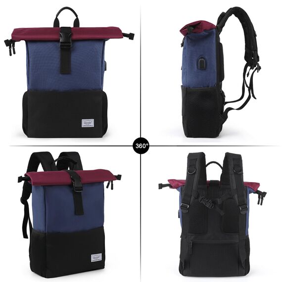 MoFut Rucksack Damen Herren Groß Schulrucksack viele Fächer mit 15,6" Laptopfach, Unisex Wasserdichter Rolltop Rucksack, Lässiger Backpack Schule Freizeit Uni Arbeit Wandern(Blau-Purpel).