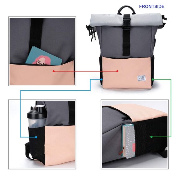 MoFut Rucksack Damen Groß Schulrucksack viele Fächer mit 15,6" Laptopfach, Unisex Rolltop Rucksack Wasserdicht, Lässiger Backpack Schule Freizeit Uni Arbeit Wandern.