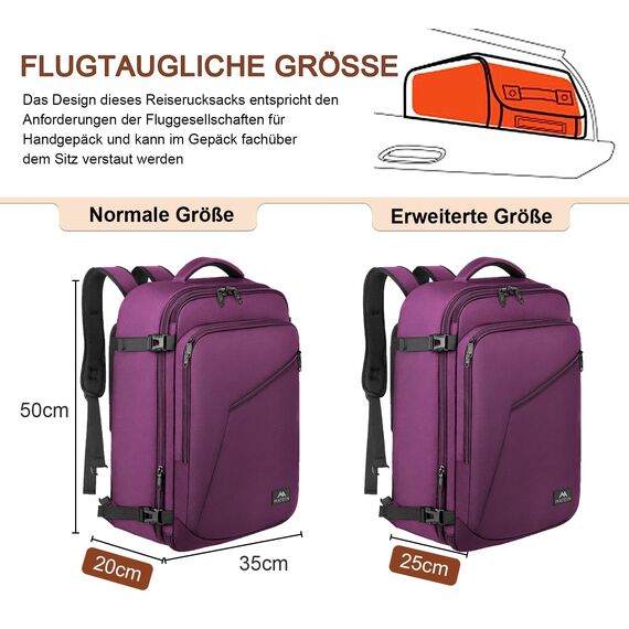 MATEIN 40L Reiserucksack Handgepäck Flugzeug, Erweiterbar 50x35x20cm Herren Cabin Bag Leichtgewicht Reise Rucksack Damen Schulrucksack Carry On Travel Backpack für Business, Arbeit, Violett