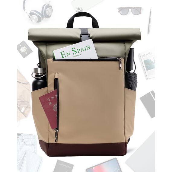 Inateck RollTop Rucksack Herren Damen 25L-30L Fahrradrucksack Schulrucksack für Uni Freizeit Job Sport Reisen, Stylische Tagesrucksack mit 17 Zoll Laptopfach, Khaki