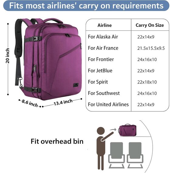 MATEIN Groß Rucksack Herren 50L, Air France Travel Backpack Erweiterbar Arbeitsrucksack Wasserabweisend Reiserucksack 55x35x25cm Carry-On Damen Cabin Bag Tagesrucksack für Bussiness, Violett