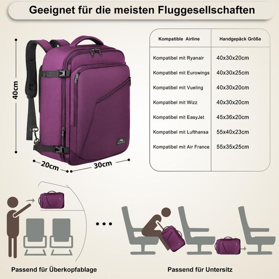 MATEIN 40x30x20 Handgepäck Damen, Handgepäck Rucksack Reisetasche Medium Business Arbeit Frauen Expandable Wasserabweisend Lightweight Cabin Bag, Violett