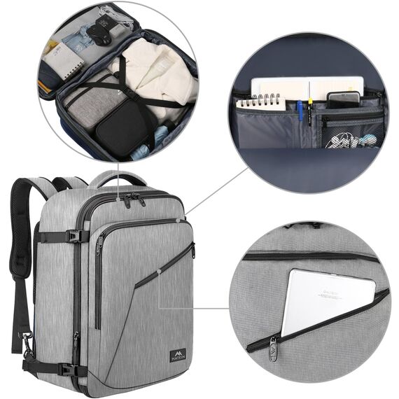 MATEIN Reiserucksack 30L für Eurowings, Handgepäck Flugzeug Reiserucksack Männer und Frauen Teenager College Carry on Daypack Herren und Damen für Wizz Air Vueling für Kurzreisen Geschäftsreisen, Grau