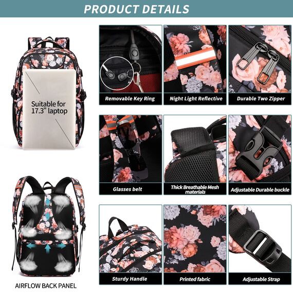 Rucksack Damen groß mit Laptopfach & Anti Diebstahl Tasche für Ausflüge,wasserdicht Großer 17 Zoll Laptop Rucksack Schulrucksack Tasche mädchen mit USB-Ladeanschluss für Arbeit Schule Uni Reisen