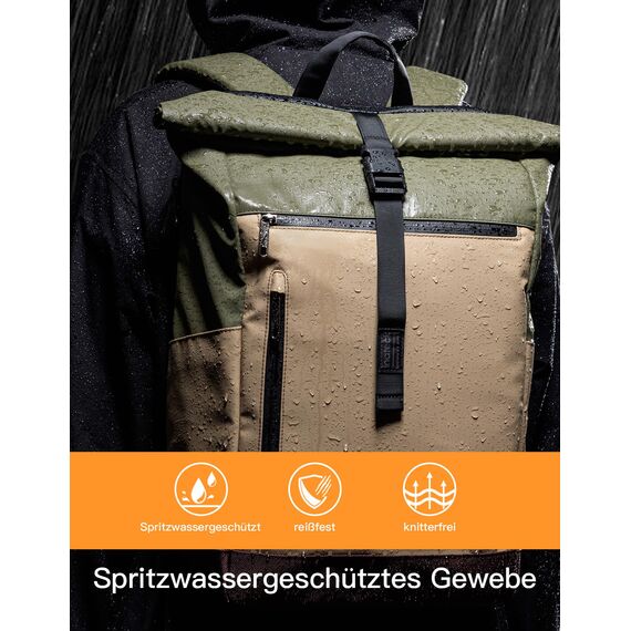 Inateck RollTop Rucksack Herren Damen 25L-30L Fahrradrucksack Schulrucksack für Uni Freizeit Job Sport Reisen, Stylische Tagesrucksack mit 17 Zoll Laptopfach, Khaki