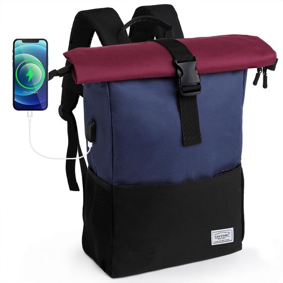 MoFut Rucksack Damen Herren Groß Schulrucksack viele Fächer mit 15,6" Laptopfach, Unisex Wasserdichter Rolltop Rucksack, Lässiger Backpack Schule Freizeit Uni Arbeit Wandern(Blau-Purpel).