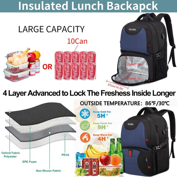 HILUSEN Groß Rucksack Herren 50L,Arbeit Rucksack Laptop Rucksack mit Laptopfach & Anti Diebstahl Tasche,17 Zoll Schulrucksack mit USB Ladeanschluss Business Notebook Tasche für Männer Blau