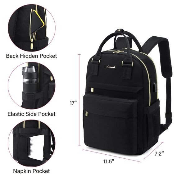 LOVEVOOK Rucksack Damen, 15,6 Zoll Laptop Rucksack Schulrucksack Mädchen Teenager mit Laptopfach, Wasserdichter Schultasche Daypack Elegant für Schule Uni Reise Arbeit, Schwarz