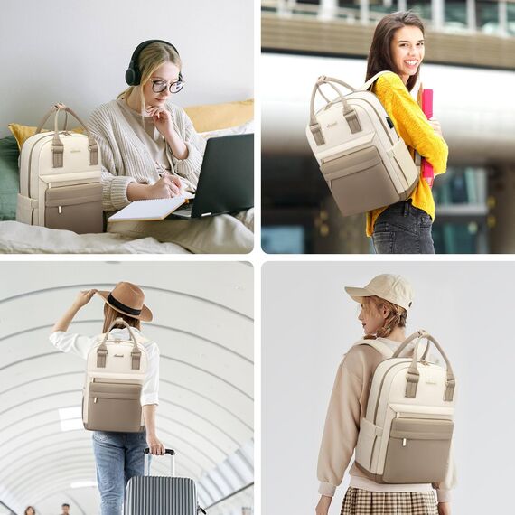 LOVEVOOK Rucksack Damen Klein, 14 Zoll Laptop Rucksack mit Laptopfach, Kleiner Wasserdicht Daypack Elegant Mini für Schule Uni Reise Arbeit, Khaki Beige