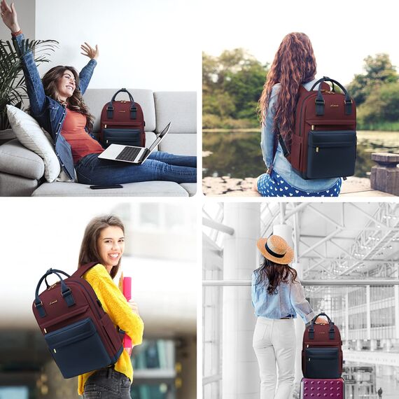 LOVEVOOK Laptop Rucksack Damen, 15,6 Zoll Schulrucksack Mädchen mit Laptopfach, Wasserdichter Schultasche Daypack Elegant für Schule Uni Reisen Arbeit, Marineblau Dunkelrot