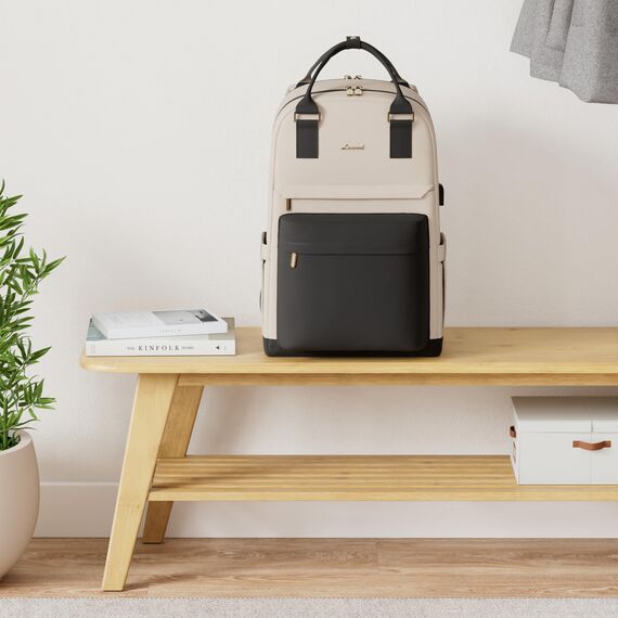 LOVEVOOK 17 Zoll Laptop Rucksack Schulrucksack Mädchen Teenager Rucksack Damen mit Laptopfach, Wasserdichter Schultasche Daypack für Schule Uni Reisen Arbeit, Schwarz Beige