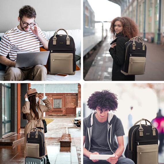 LOVEVOOK Rucksack Damen, 17 Zoll Laptop Rucksack Schulrucksack Mädchen Teenager mit Laptopfach, Wasserdichter Schultasche Daypack für Schule Uni Reisen Arbeit, Khaki Schwarz