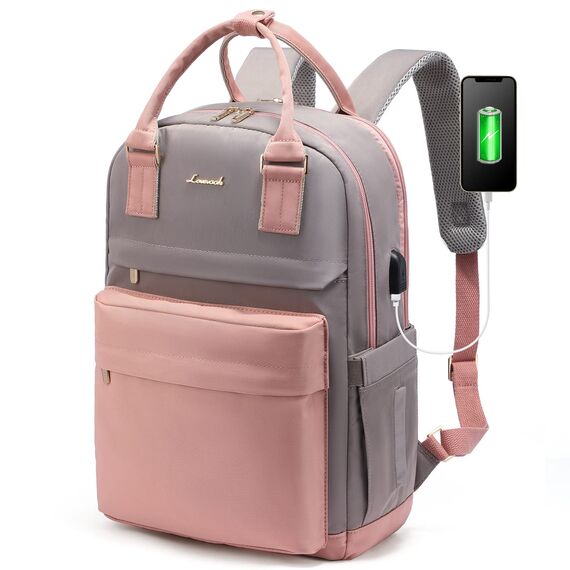 LOVEVOOK Rucksack Damen, 15,6 Zoll Laptop Rucksack Schulrucksack Mädchen Teenager mit Laptopfach, Wasserdichter Schultasche Daypack Elegant für Schule Uni Reise Arbeit, Rosa Grau