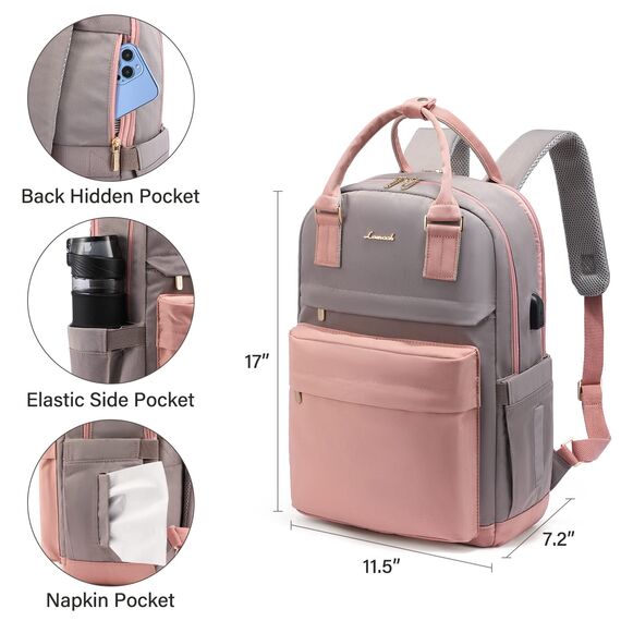 LOVEVOOK Rucksack Damen, 15,6 Zoll Laptop Rucksack Schulrucksack Mädchen Teenager mit Laptopfach, Wasserdichter Schultasche Daypack Elegant für Schule Uni Reise Arbeit, Rosa Grau