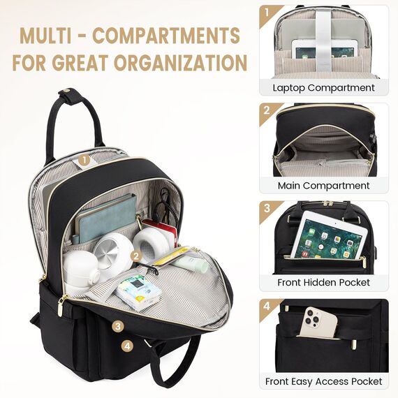 LOVEVOOK Rucksack Damen Klein, 14 Zoll Laptop Rucksack mit Laptopfach, Kleiner Wasserdicht Daypack Elegant Mini für Schule Uni Reise Arbeit, Schwarz