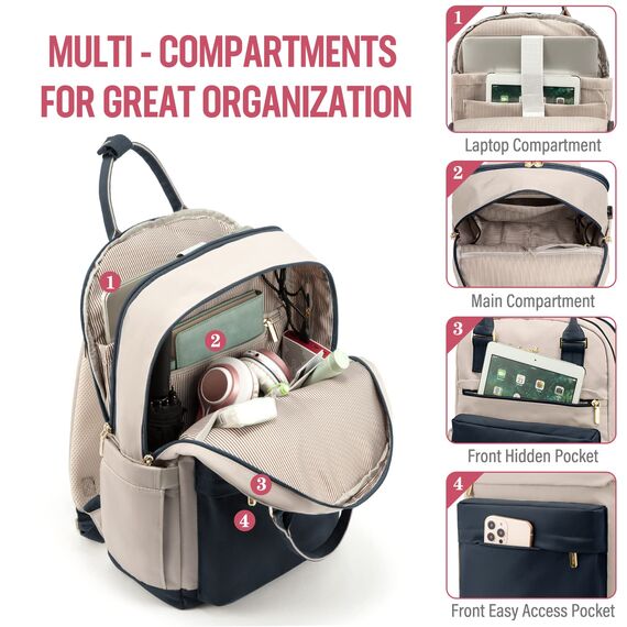 LOVEVOOK Laptop Rucksack Damen, 15,6 Zoll Schulrucksack Mädchen mit Laptopfach, Wasserdichter Schultasche Daypack Elegant für Schule Uni Reisen Arbeit, Dunkelblau Hellbraun