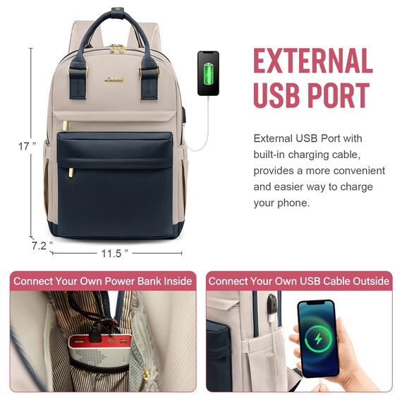 LOVEVOOK Laptop Rucksack Damen, 15,6 Zoll Schulrucksack Mädchen mit Laptopfach, Wasserdichter Schultasche Daypack Elegant für Schule Uni Reisen Arbeit, Dunkelblau Hellbraun