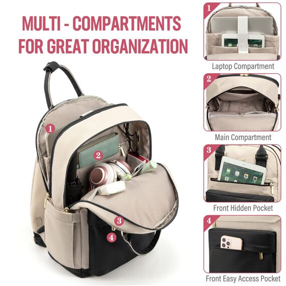 LOVEVOOK 15,6 Zoll Laptop Rucksack Schulrucksack Mädchen Teenager Rucksack Damen mit Laptopfach, Wasserdichter Schultasche Daypack für Schule Uni Reisen Arbeit, Schwarz Beige