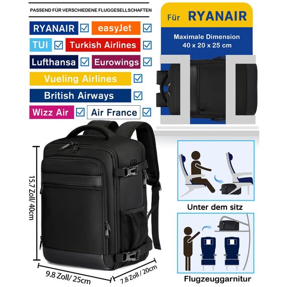 KLOSTAIN Handgepäck Rucksack 40x20x25 für Ryanair Klein Flugzeug Reiserucksack Tasche 20L Mit 14 Zoll Laptop Eurowings für Damen Herren Teenager Schulrucksack, Schwarz