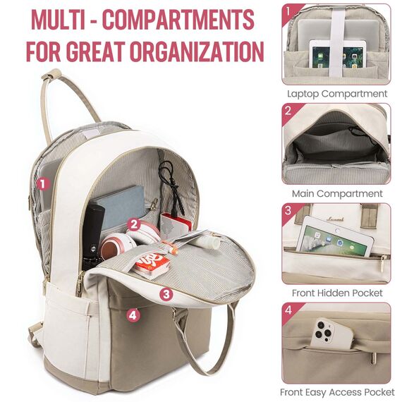 LOVEVOOK Rucksack Damen, 17 Zoll Laptop Rucksack Groß Schulrucksack Mädchen Teenager mit Laptopfach, Daypacks Tagesrucksack Wasserdicht für Schule Uni Reise Arbeit, Khaki Beige