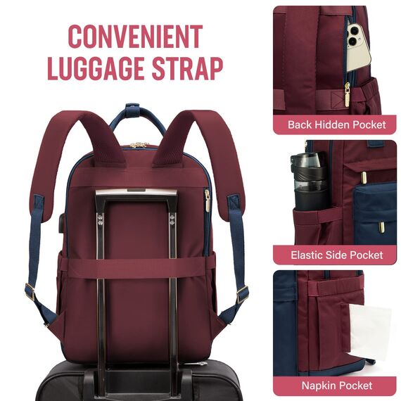 LOVEVOOK Laptop Rucksack Damen, 15,6 Zoll Schulrucksack Mädchen mit Laptopfach, Wasserdichter Schultasche Daypack Elegant für Schule Uni Reisen Arbeit, Marineblau Dunkelrot