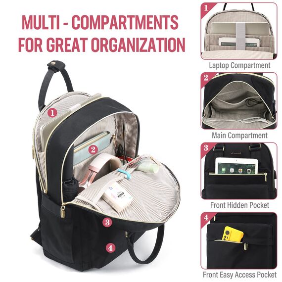 LOVEVOOK Rucksack Damen, 15,6 Zoll Laptop Rucksack Schulrucksack Mädchen Teenager mit Laptopfach, Wasserdichter Schultasche Daypack Elegant für Schule Uni Reise Arbeit, Schwarz