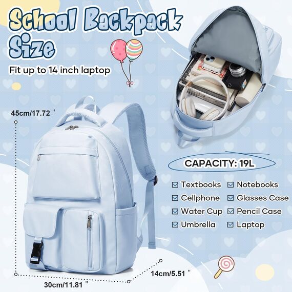 HYC00 Schulrucksack Mädchen Damen Schulranzen Schultasche Jungen Teenager Leichter Rucksack Schule Damen Casual Daypacks Travel Work Backpack Tagesrucksack College Bookbag Aesthetic School Bag,Blau