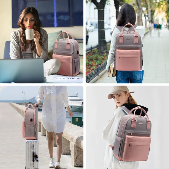 LOVEVOOK Rucksack Damen, 15,6 Zoll Laptop Rucksack Schulrucksack Mädchen Teenager mit Laptopfach, Wasserdichter Schultasche Daypack Elegant für Schule Uni Reise Arbeit, Rosa Grau