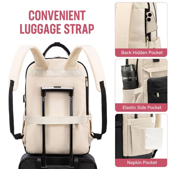 LOVEVOOK 17 Zoll Laptop Rucksack Schulrucksack Mädchen Teenager Rucksack Damen mit Laptopfach, Wasserdichter Schultasche Daypack für Schule Uni Reisen Arbeit, Schwarz Beige